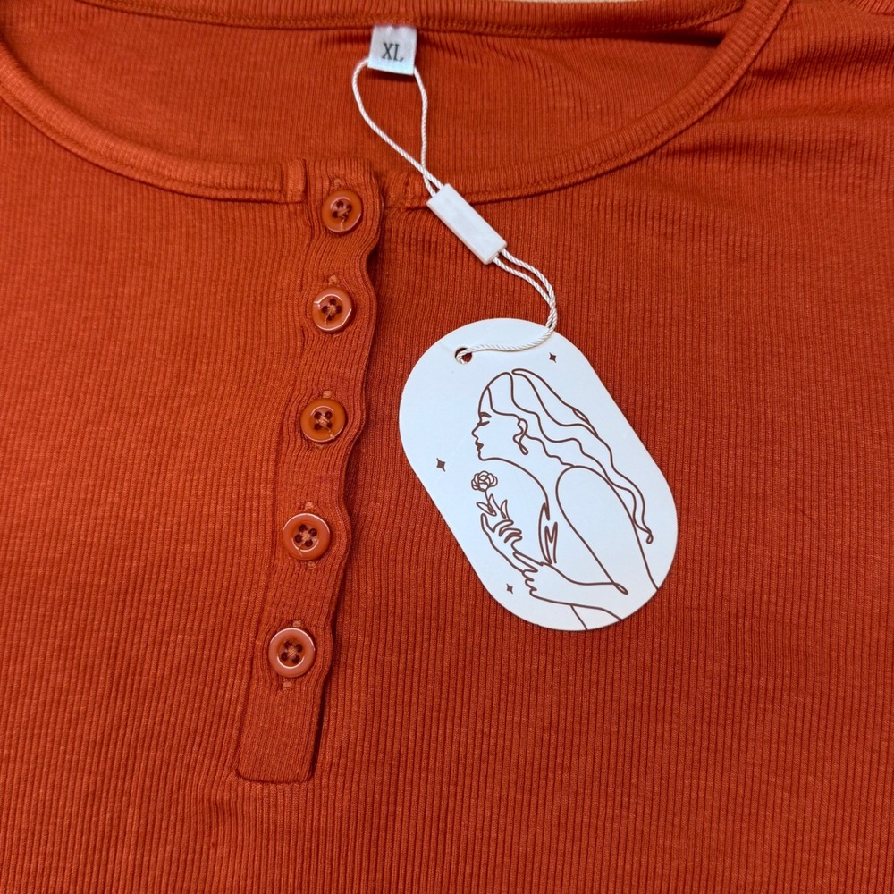 Womens Burnt Orange Ribbed Long Sleeve Henley Top XL HF-000034 - Picture 2 of 11